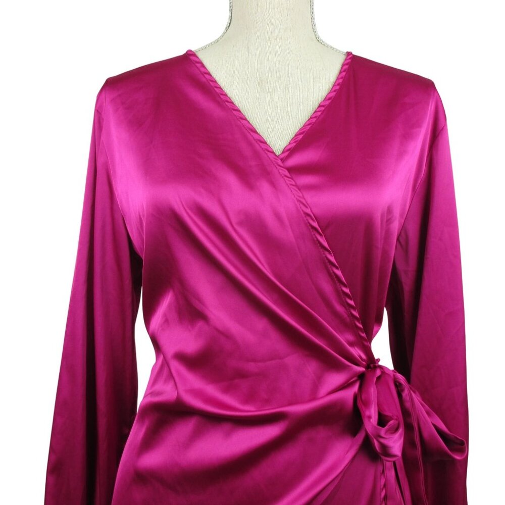 LYANER Wrap Dress Satin Silky Pink V Neck Tie Waist Long Sleeve XL Siren - Picture 5 of 7